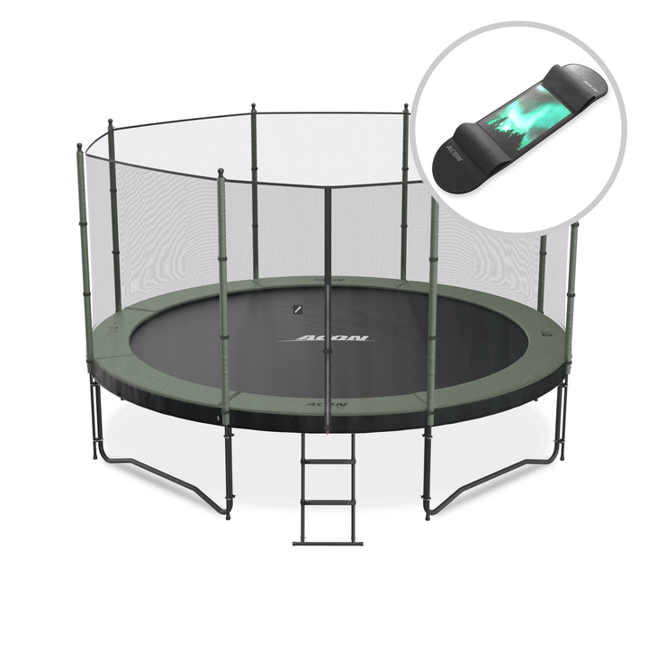 ACON Air 4,3m Trampolin mit Standard-Überdachung und Leiter + Skateboard.