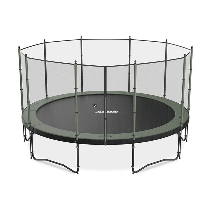 Produktbild des runden Trampolins Acon 15 ft mit Standardnetz, zusammen mit einem eingefügten runden Bild eines Acon 10 ft Airtracks.
