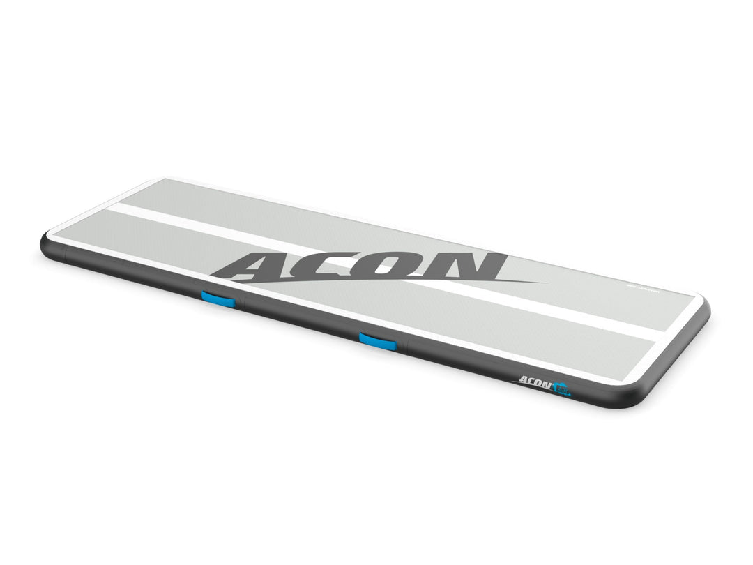 Produktbild des runden Trampolins Acon 15 ft mit Standardnetz, zusammen mit einem eingefügten runden Bild eines Acon 10 ft Airtracks.