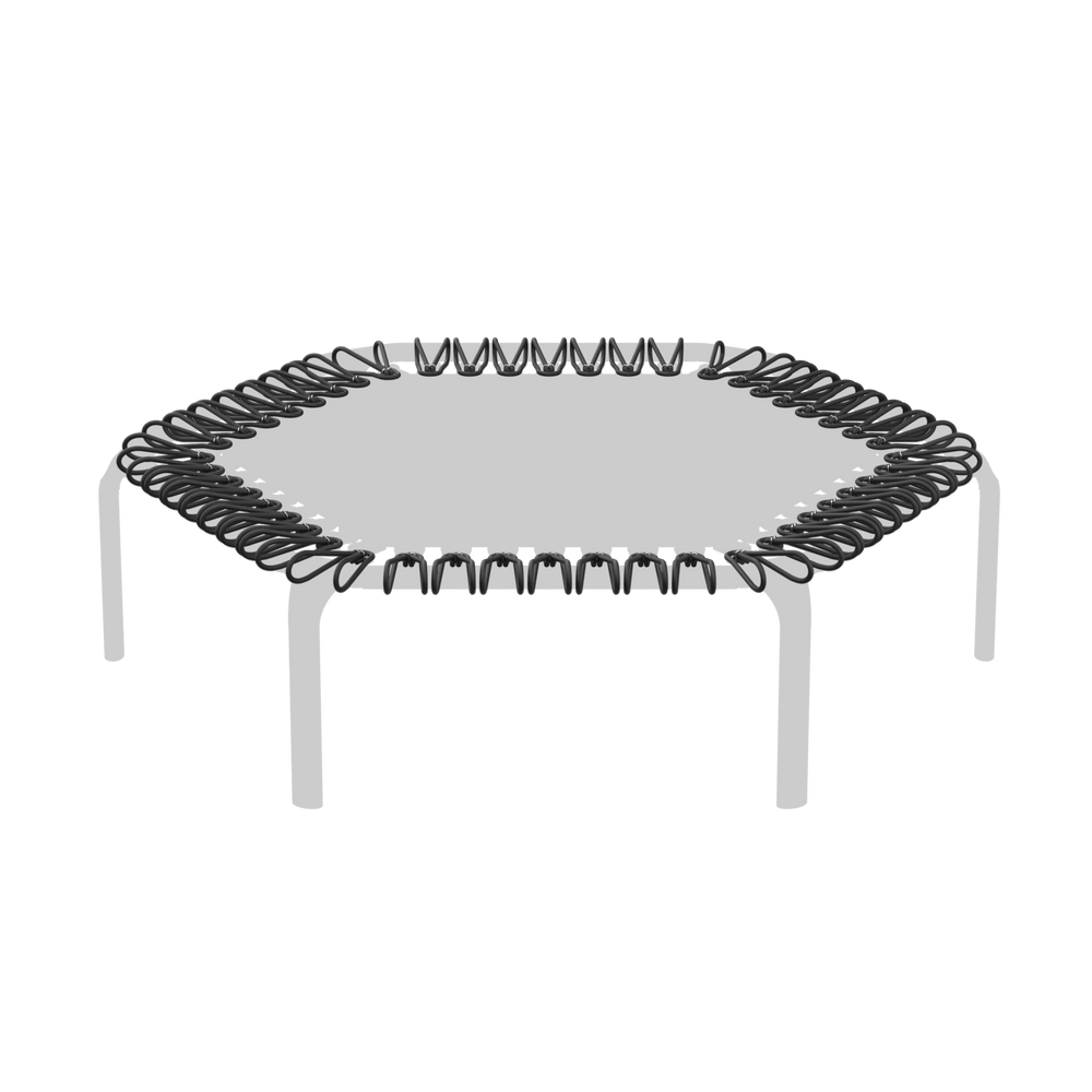 ACON FIT-Trampolin auf weißem Hintergrund, wobei die Bungees hervorgehoben sind.
