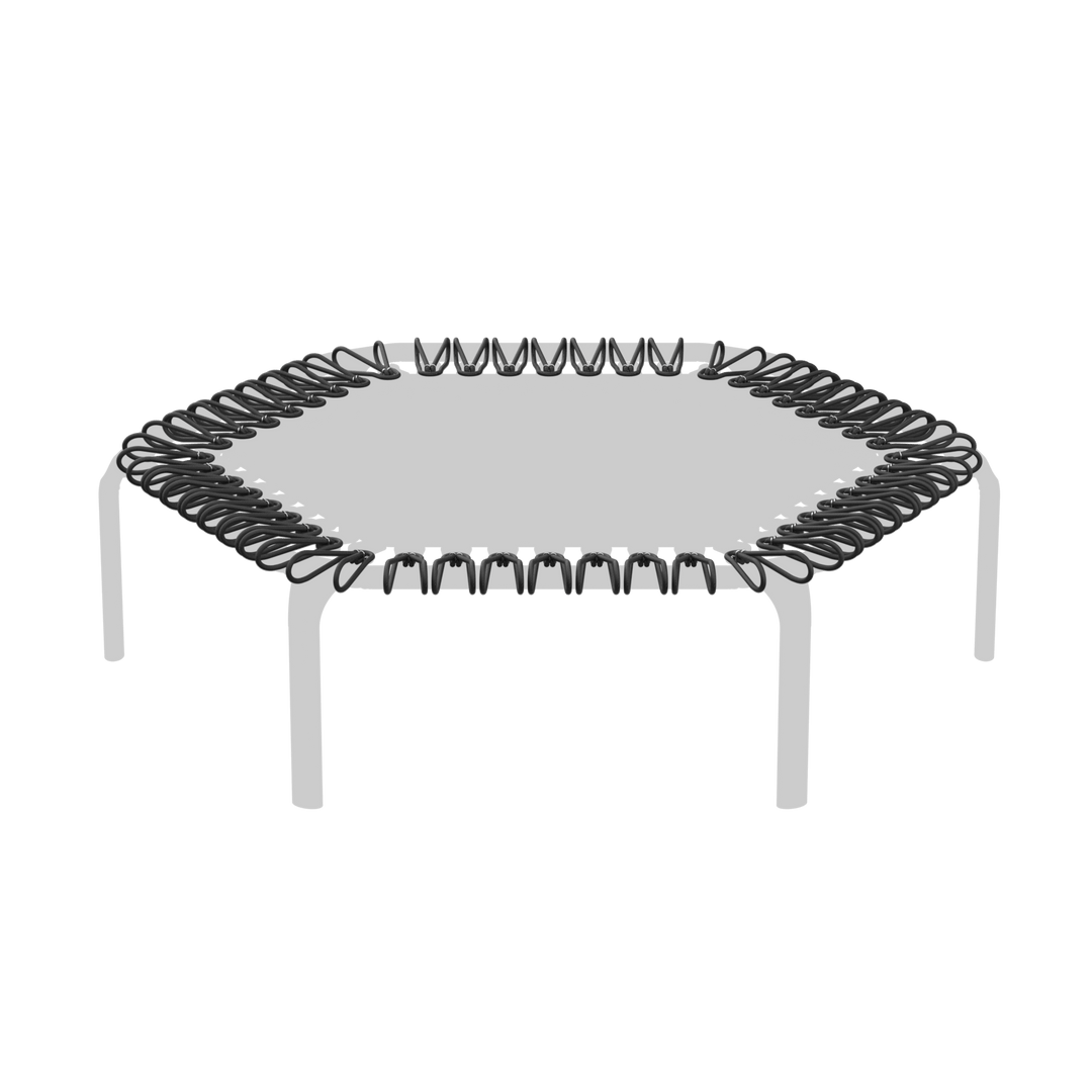 ACON FIT-Trampolin auf weißem Hintergrund, wobei die Bungees hervorgehoben sind.
