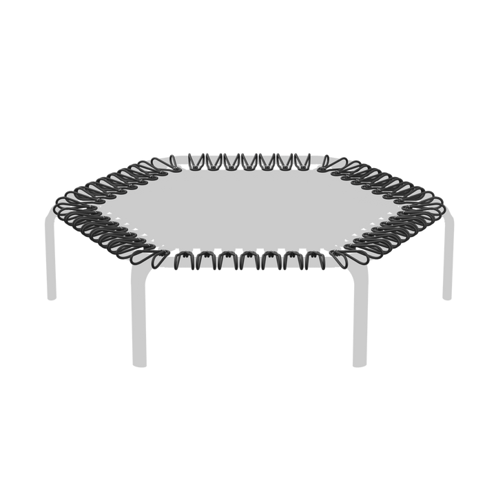 ACON FIT-Trampolin auf weißem Hintergrund, wobei die Bungees hervorgehoben sind.