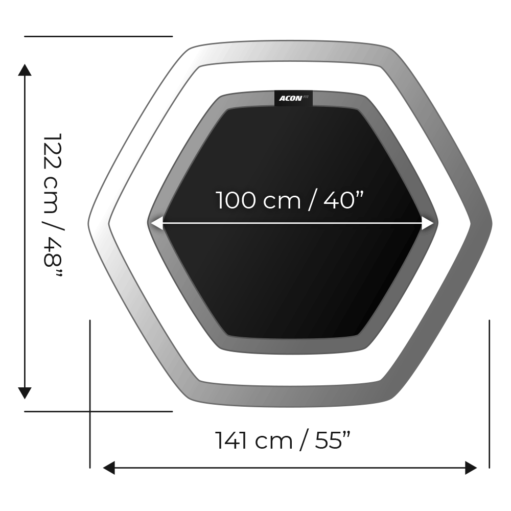 Größe des ACON FIT Trampolins, Hexagon.